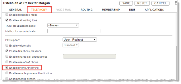 Settings for the Mitel MiVoice Connect Telephony tab